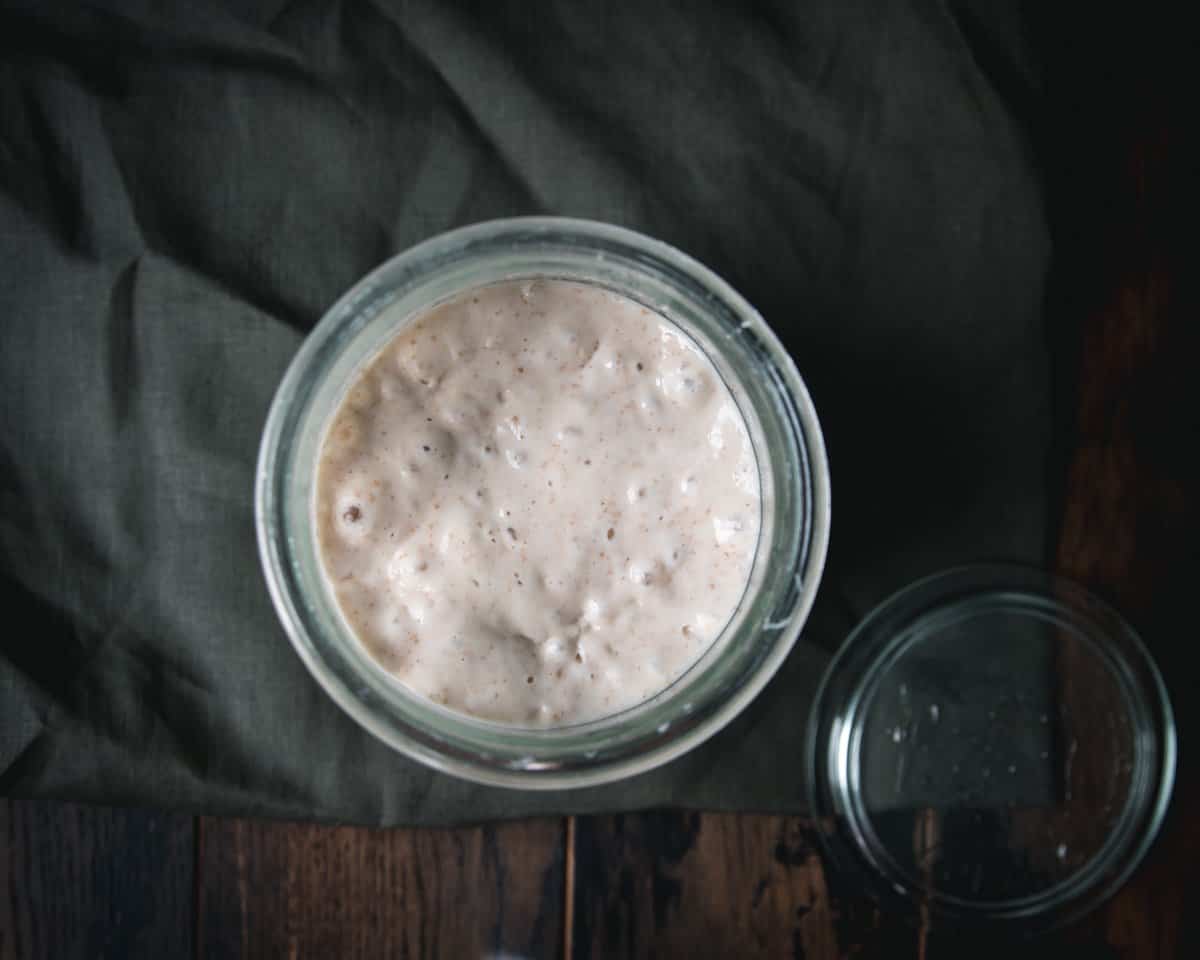 Top view of sourdough starter bubbling in a jar sitting on a dark green fabric.