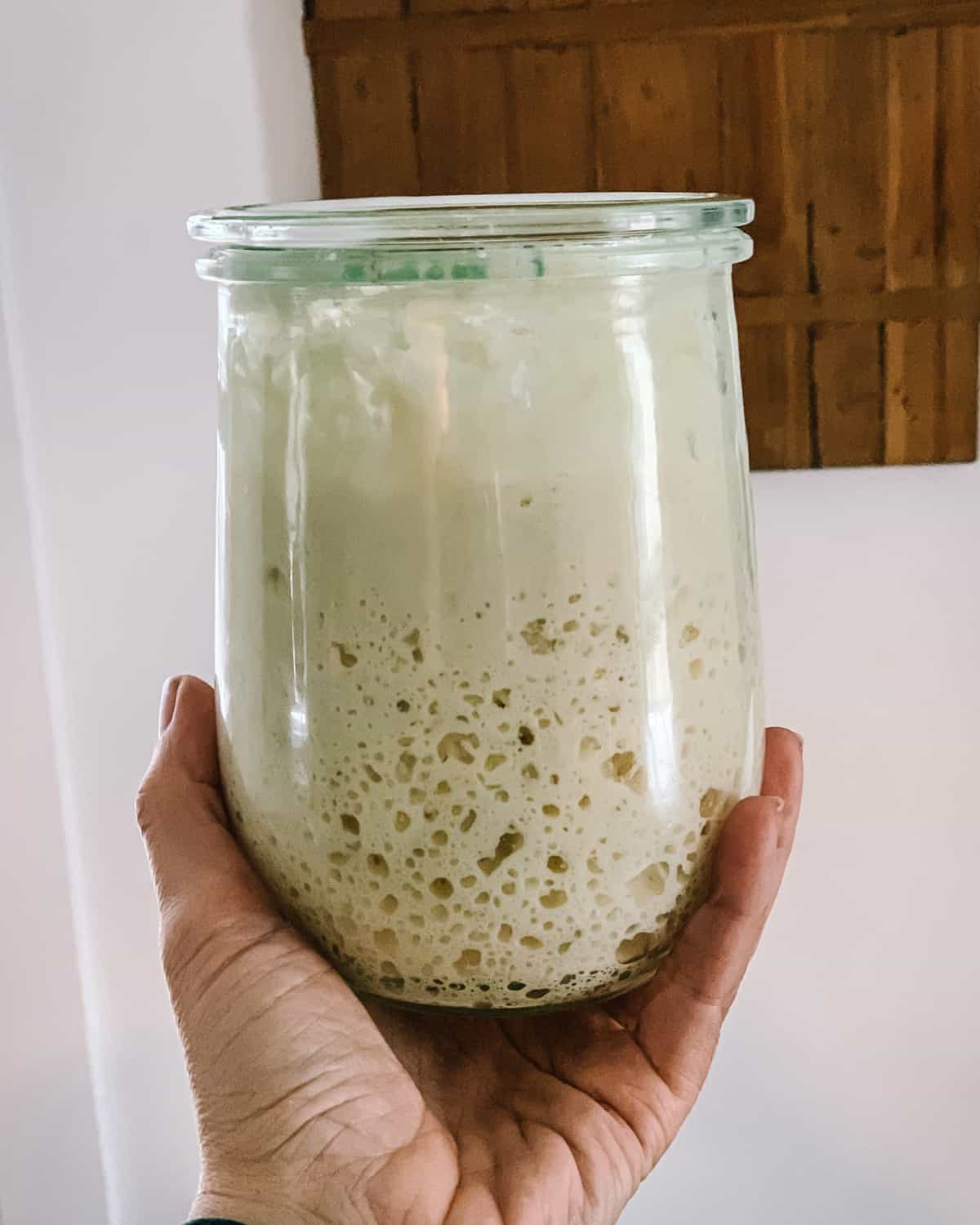 A hand holding up a jar of sourdough starter, air bubbles can be seen at the bottom.