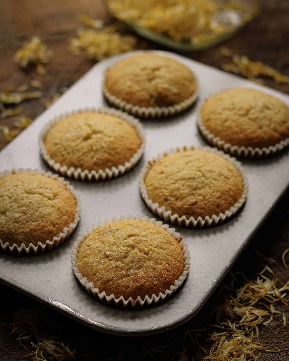 Baked dandelion cupcakes cooling in muffin tin. 