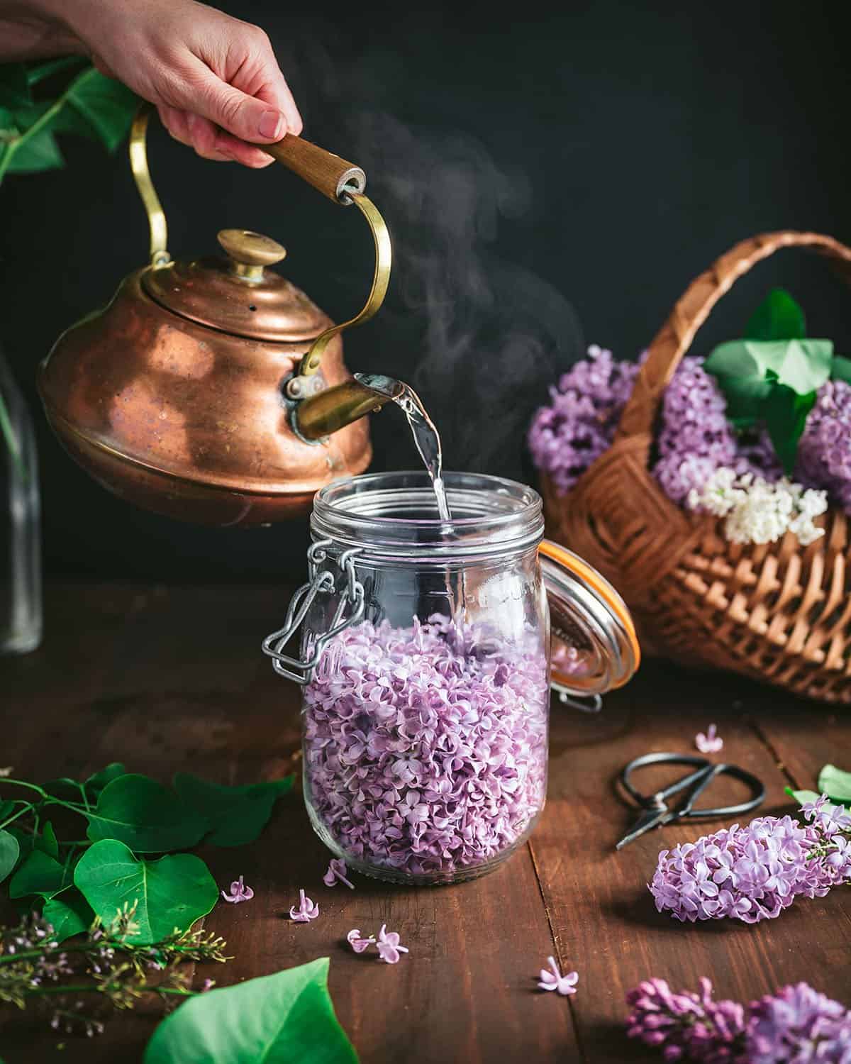 A copper tea kettle pouring boiling water into an open jar full of lilac blossoms. 