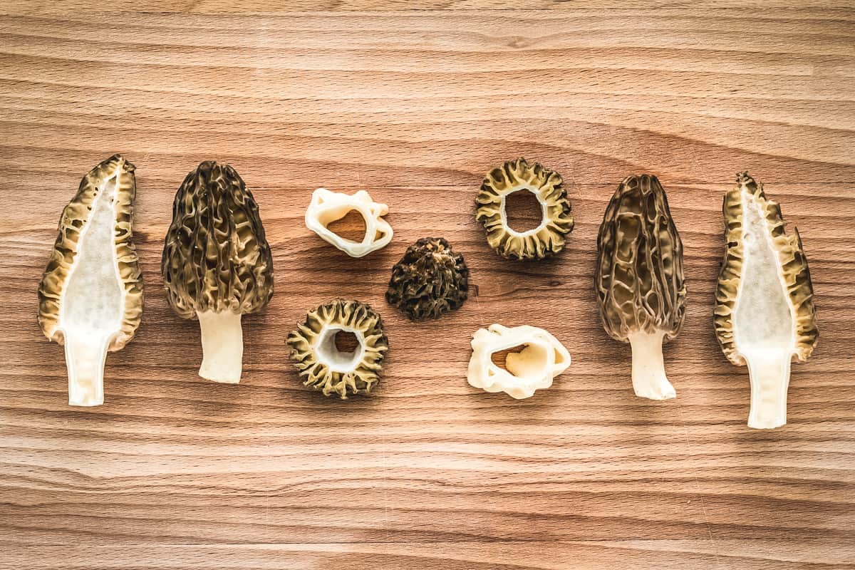 cut morel mushrooms on a board showing that they are hollow