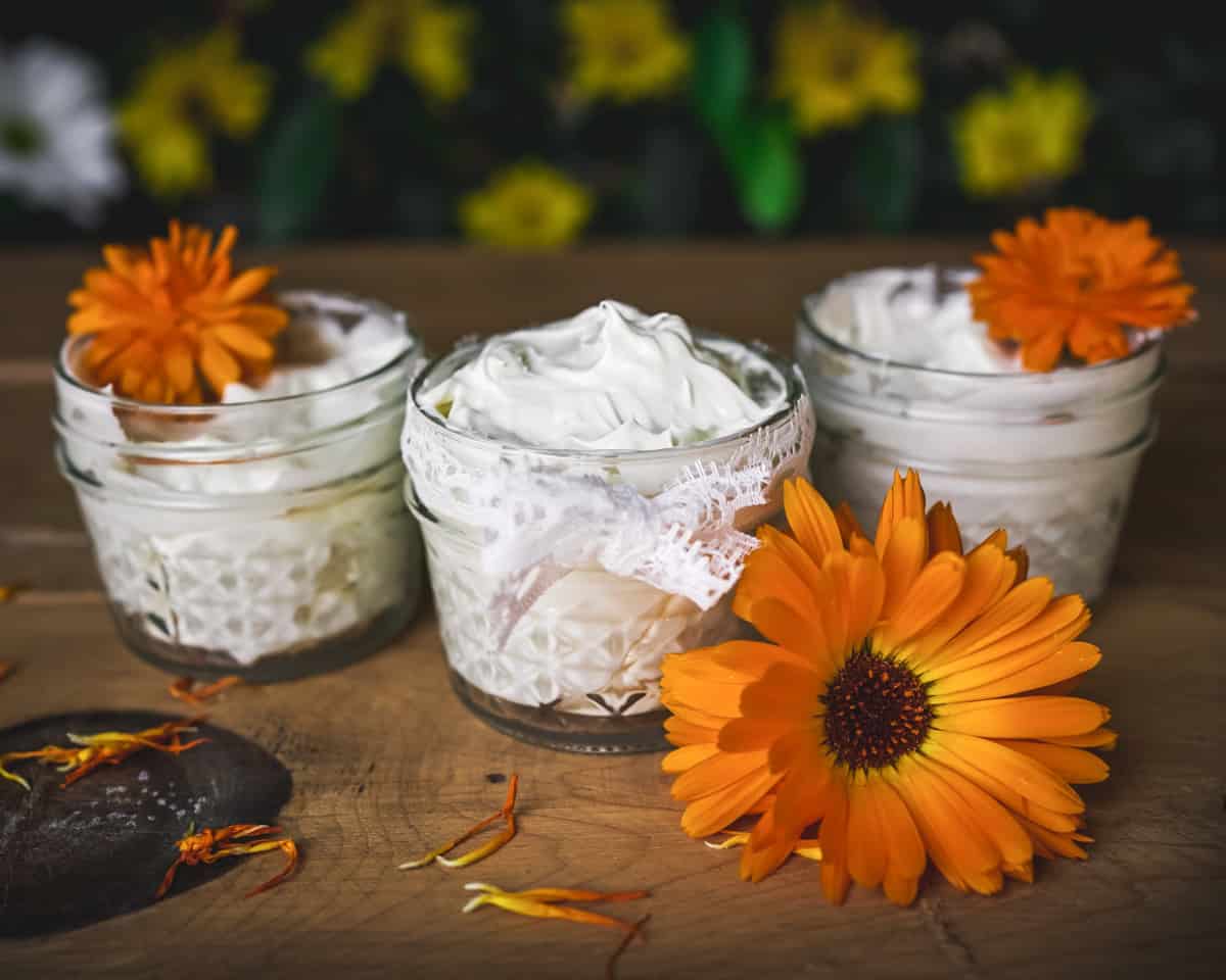 3 small jars filled with whipped body butter with calendula, surrounded by calendula flowers. 