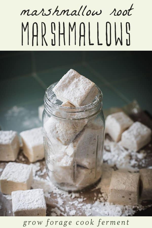 A stack of homemade marshmallows in a jar, surrounded by other marshmallows outside of the jar on a wooden cutting board. 