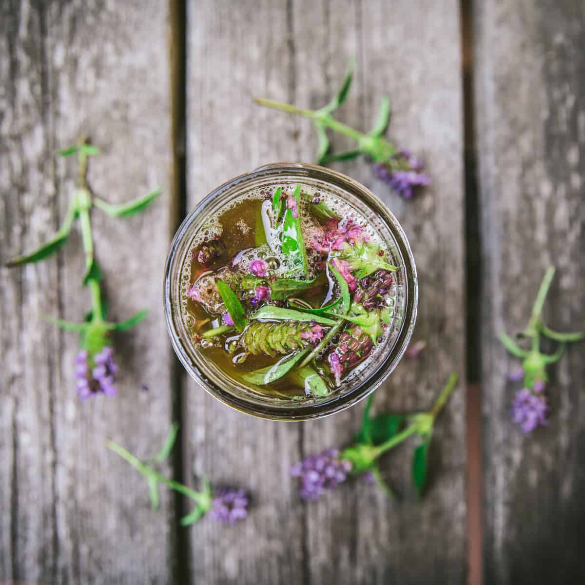 Top view of self-heal flowers in a jar. 