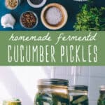 Pickling ingredients and a photo of pickles fermenting with a green banner that reads homemade fermented pickles.
