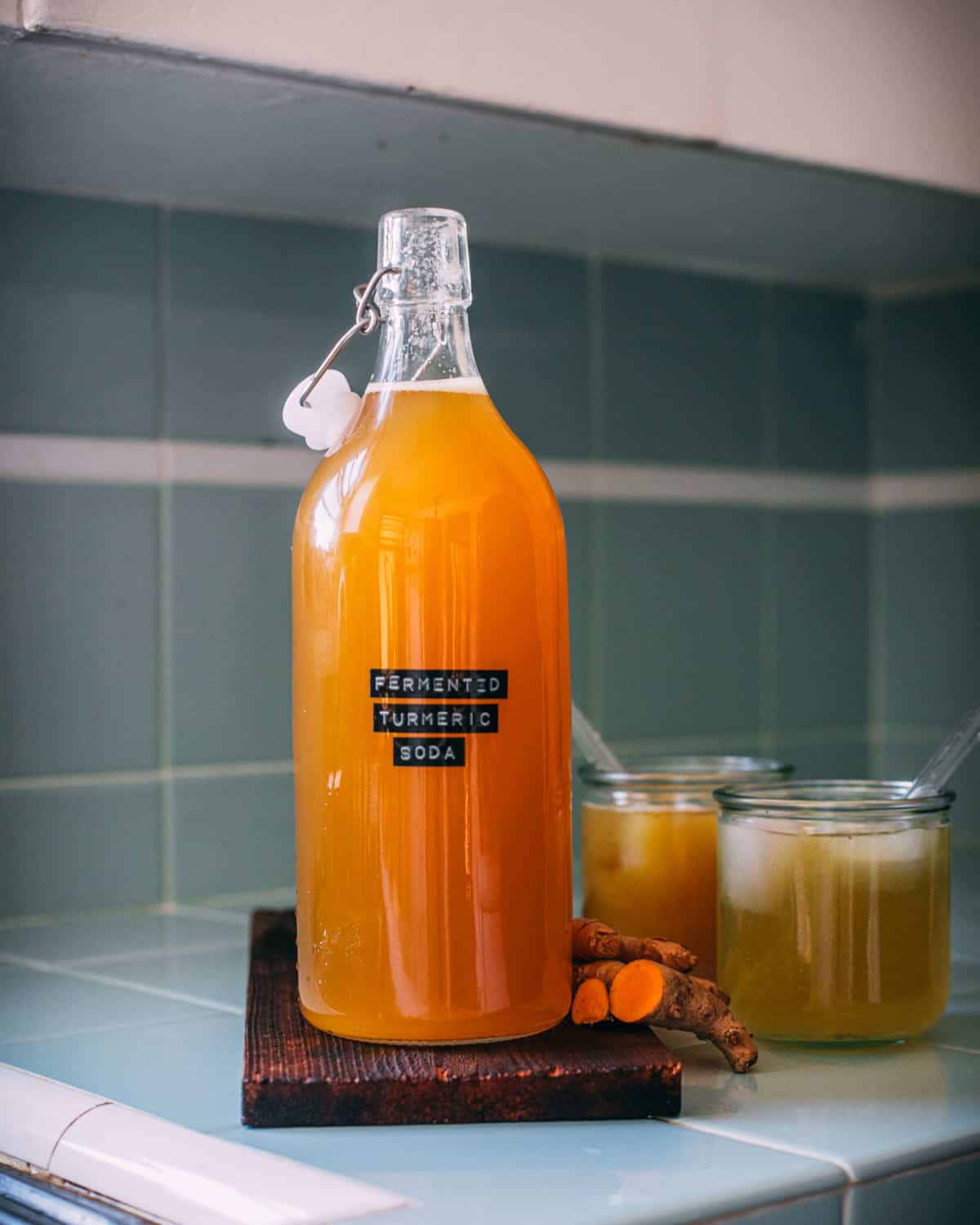 A bottle of turmeric soda. 