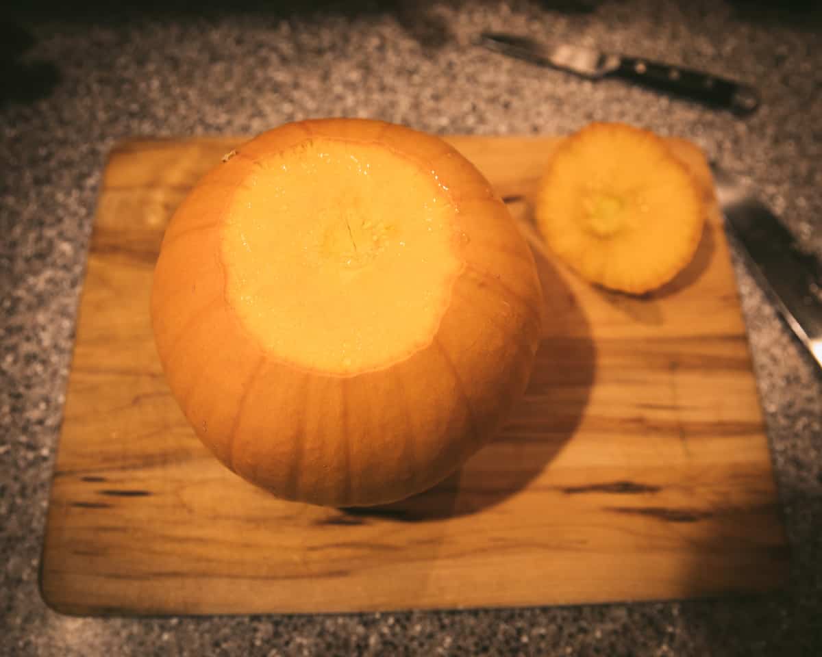 Sugar pie pumpkin with top cut off. 