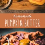 A cut in half pumpkin with seeds removed, and a jar of pumpkin butter, with a middle banner that reads homemade pumpkin butter.