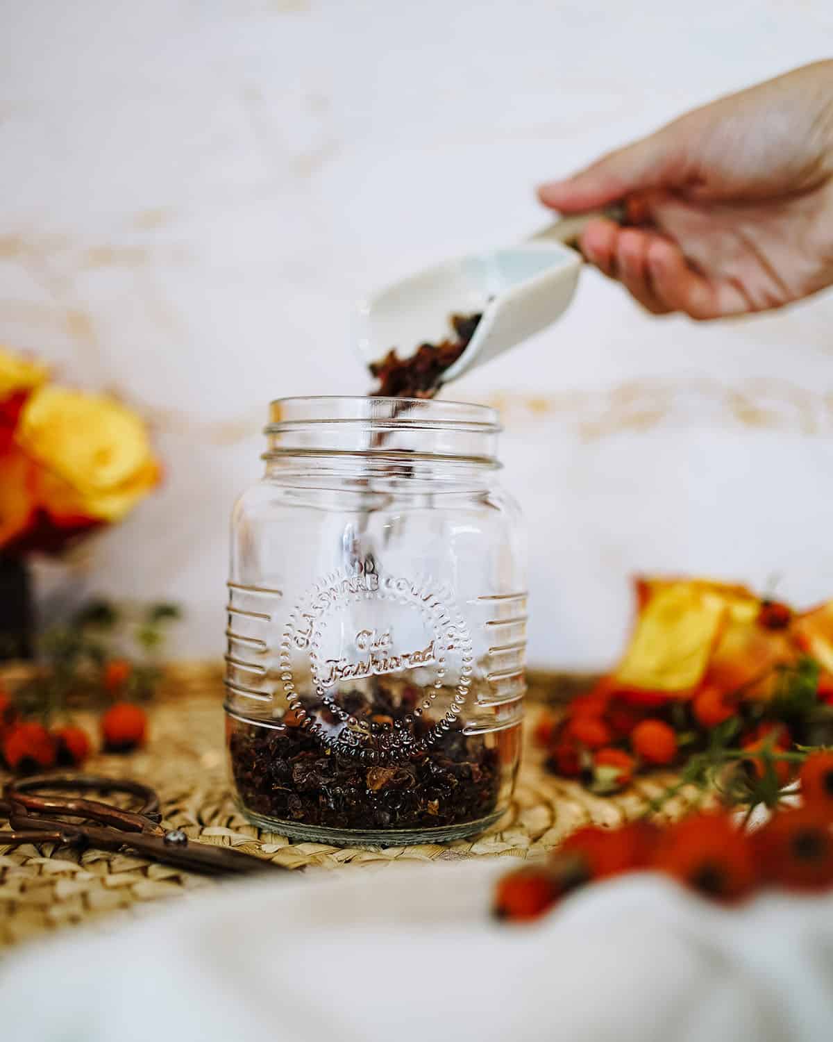 A scoop pouring dried rose hips into an empty jar surrounded by fresh rose hips. 