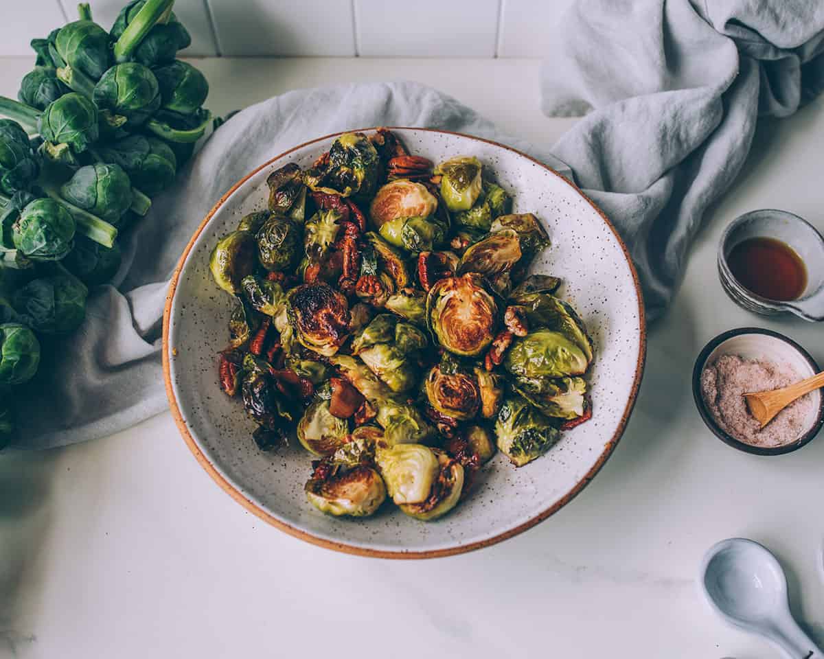 A bowl of roasted Brussels sprouts.