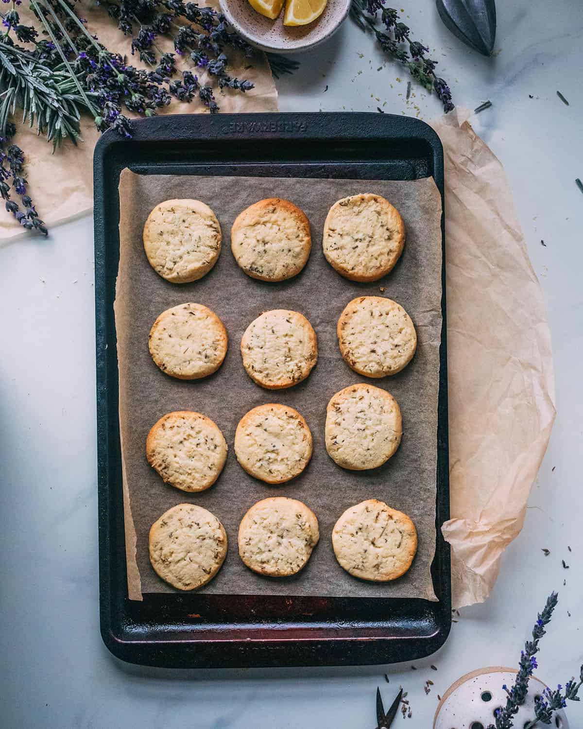 Baked lavender shortbread cookies still on the baking sheet, the cookies are golden at the edges, on a white countertop surrounded by fresh lavender.