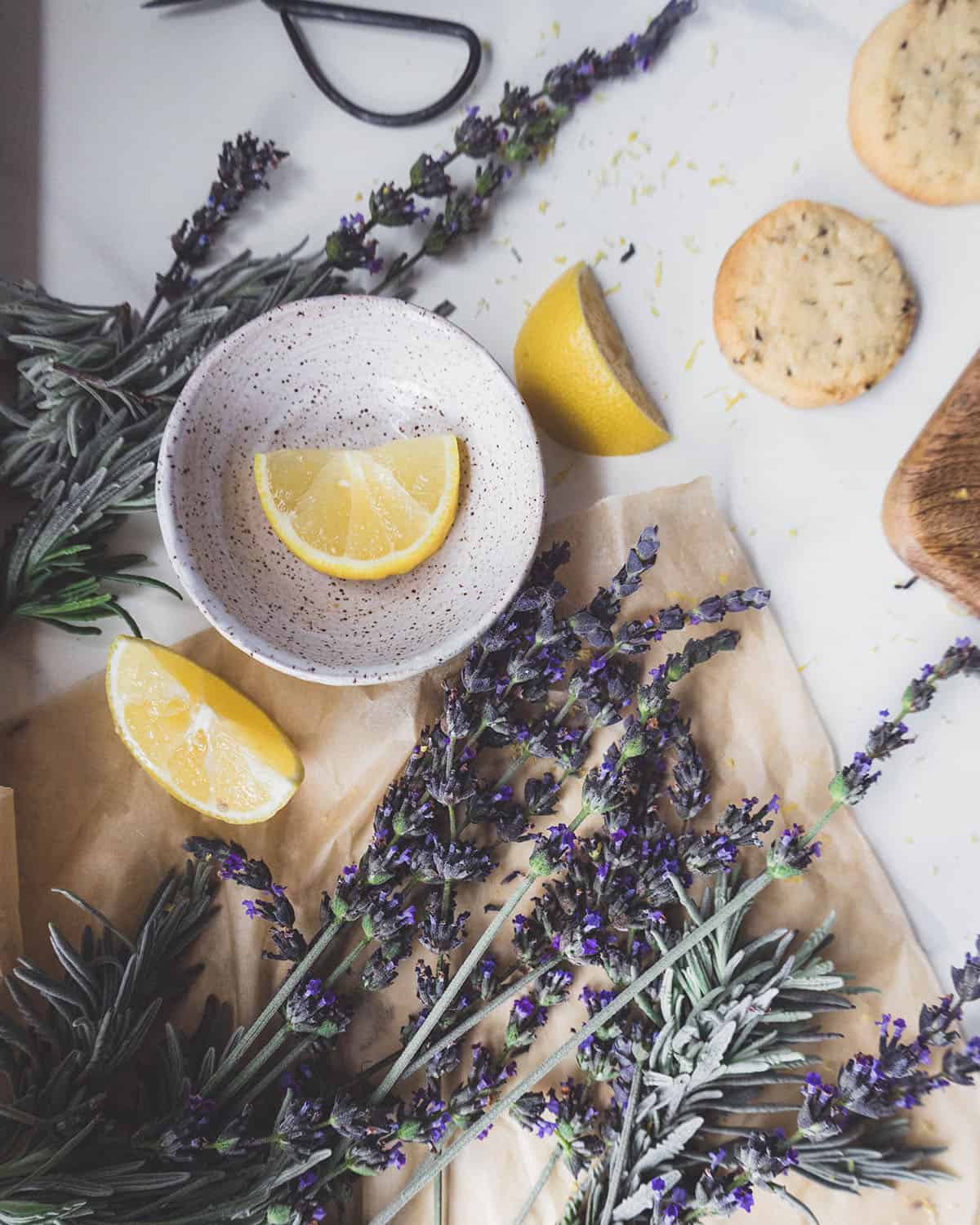 A bowl with a slice of lemon in it, surrounded by other lemon slices and fresh lavender.