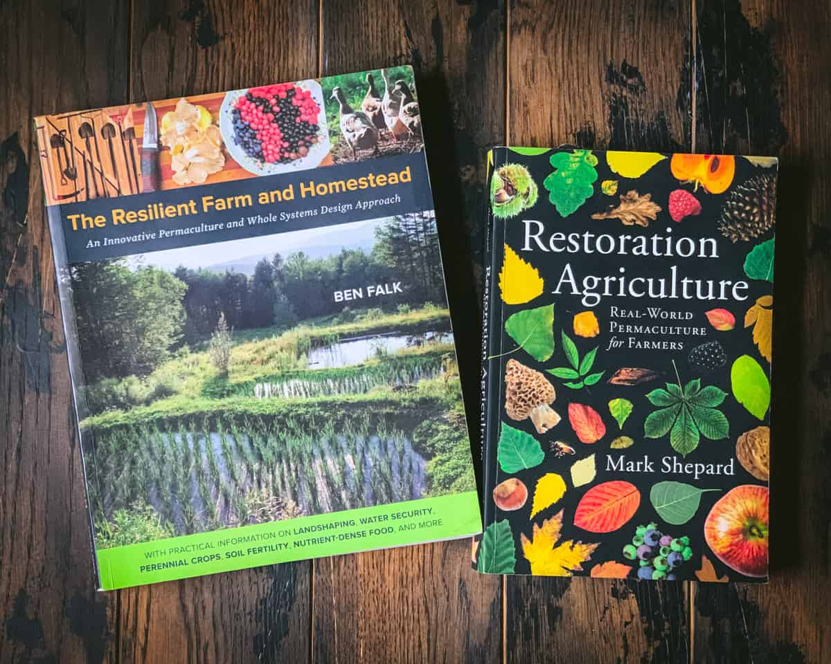 2 permaculture books laid face up on a dark wood surface. 
