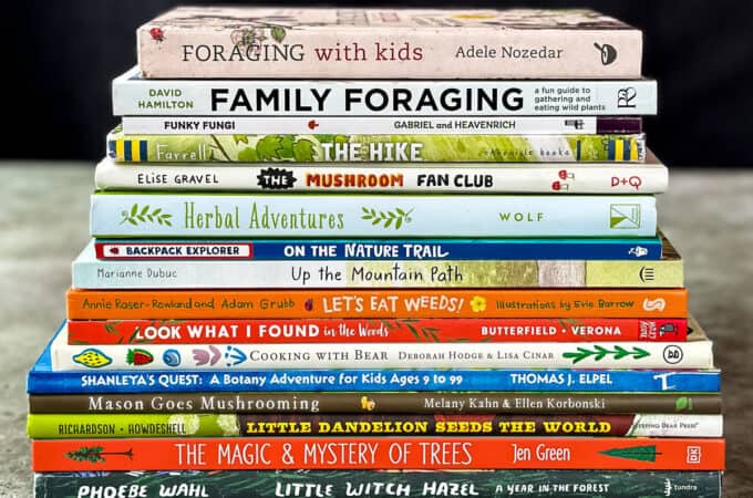 A stack of books about foraging for kids.