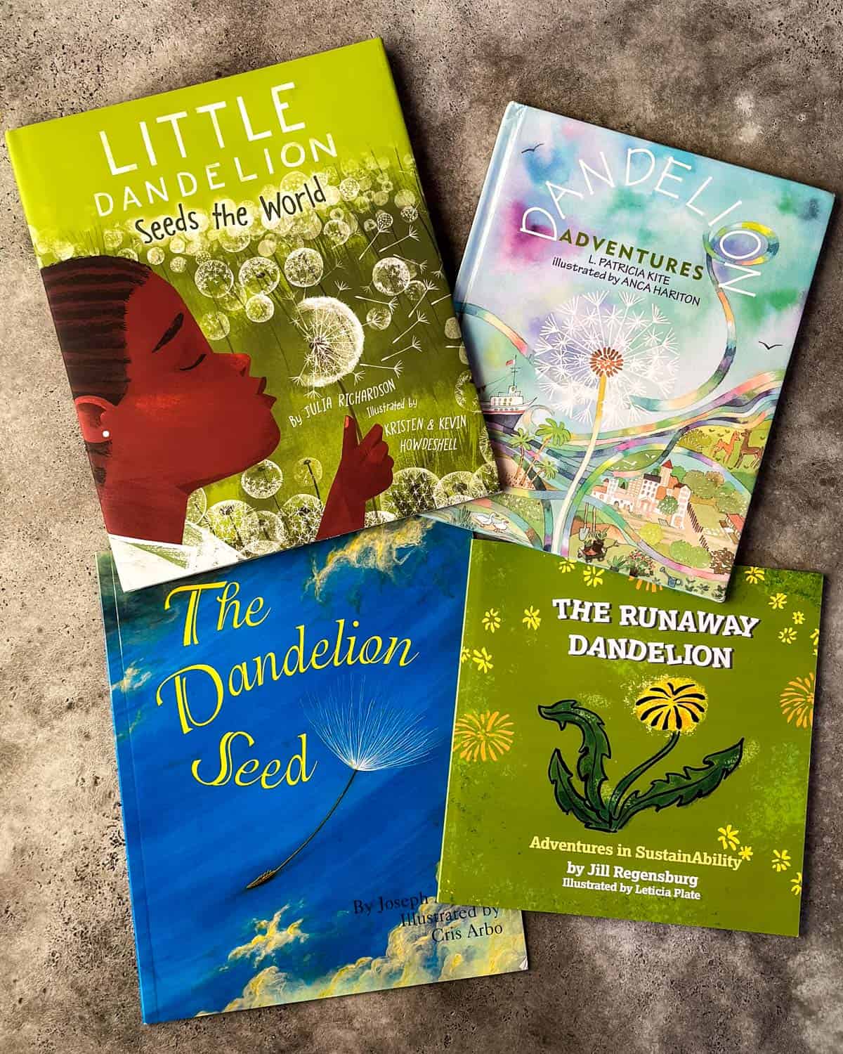 4 dandelion books for kids face up on a gray background.