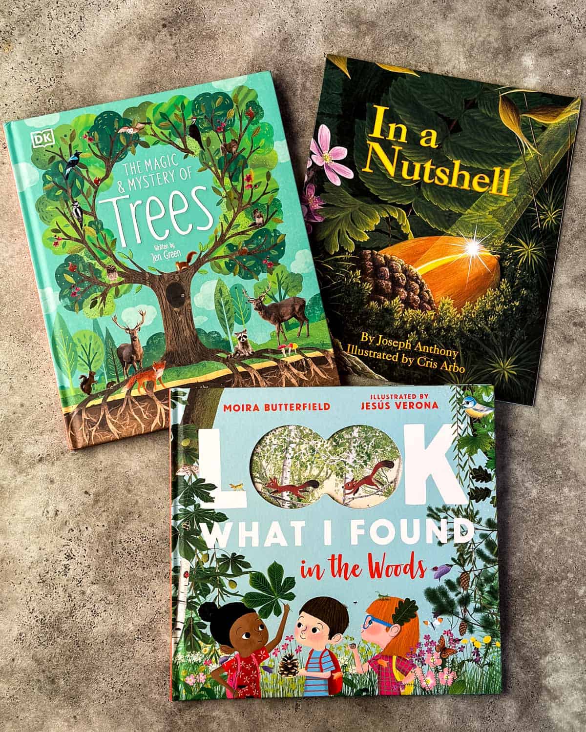 3 tree books for kids face up on a gray surface. 