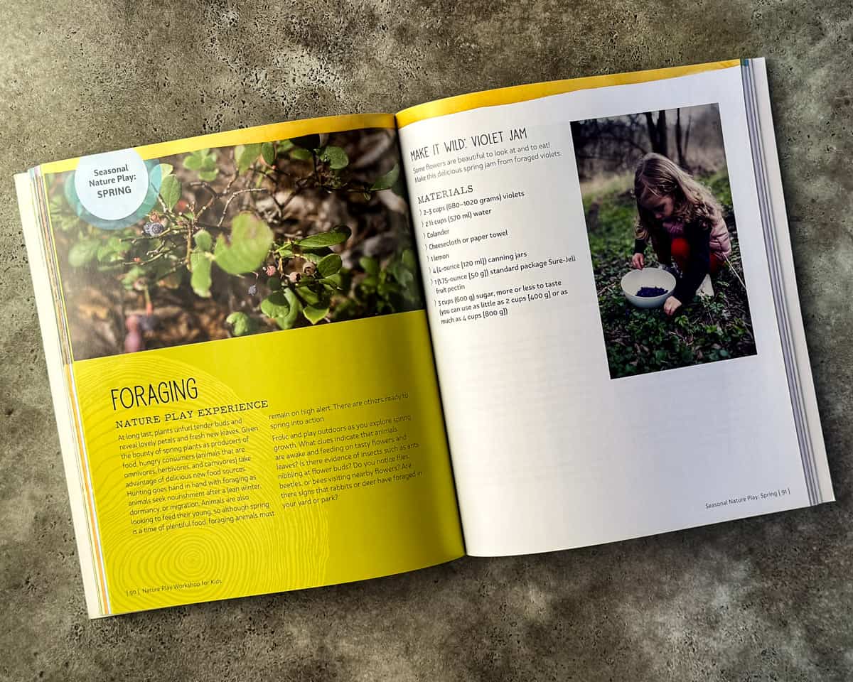 An open 2 pages of the book Nature Play Workshop, one page is yellow and one is white. Each have a photo and some text for kids to read.