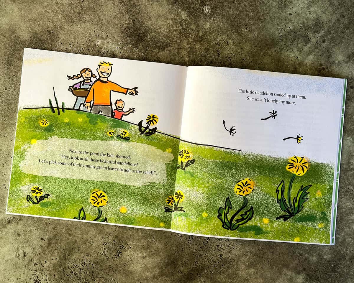 An open 2 pages of The Runaway Dandelion Book.