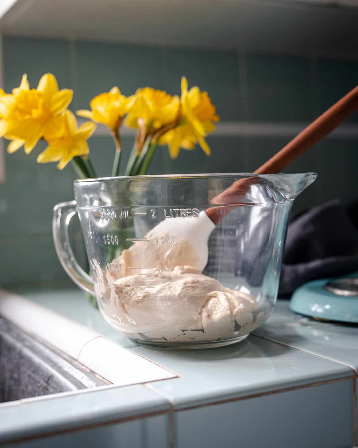 A glass measuring bowl with a rubber spatula with a wooden handle in it, stirring together the sourdough starter, flour, and yogurt. On a countertop, with yellow daffodils in the background.