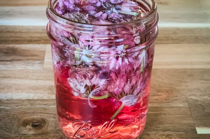 A jar of chive blossom infused vinegar.