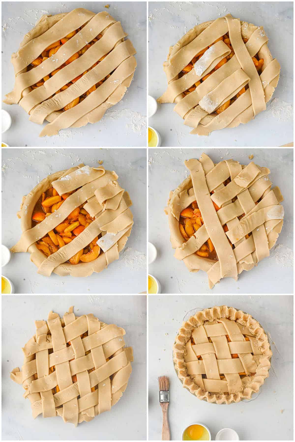 A collage of photos showing the steps to weave the lattice crust on top of the peach pie.