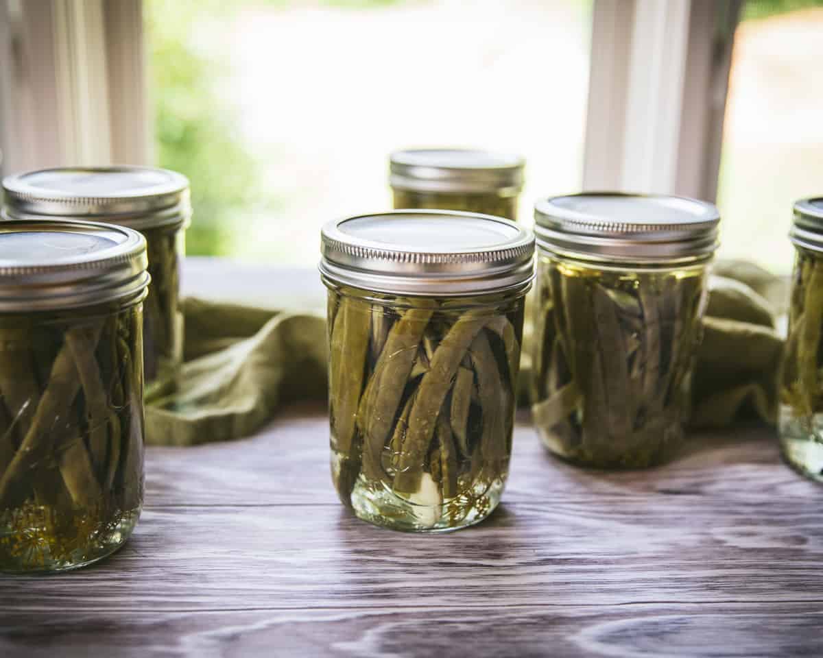 Jars of dilly beans on a wood surface with a window in the background.