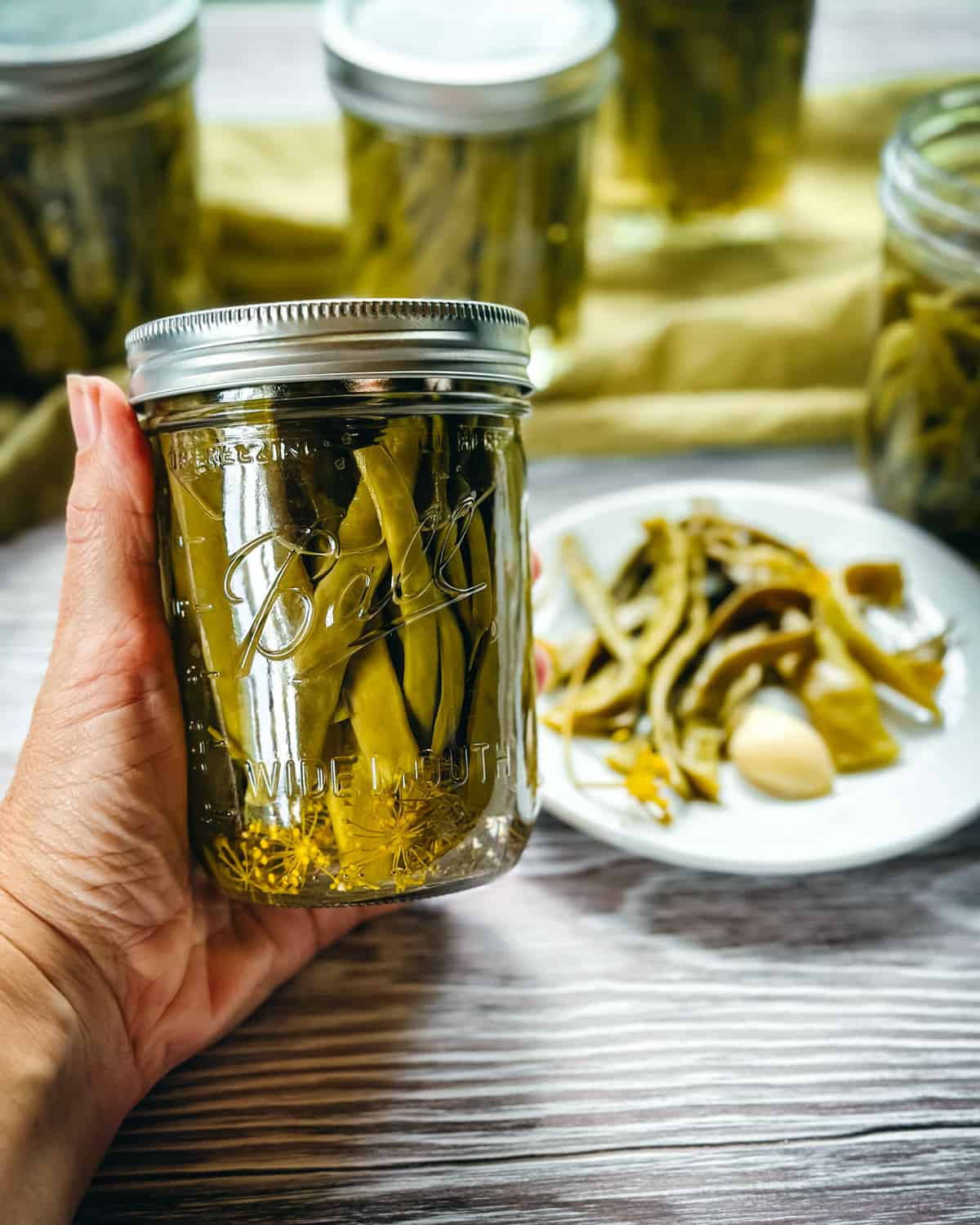 A hand holding a jar of dilly beans with a white plate of dilly beans in the background. 