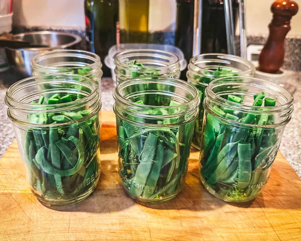 Beans in jars, side view. 