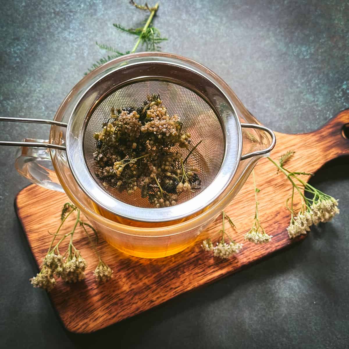 Straining dried yarrow plant from the infused oil, a mesh sieve over a jar holding the reserved plants. Fresh yarrow surrounding, on a wooden cutting board. 