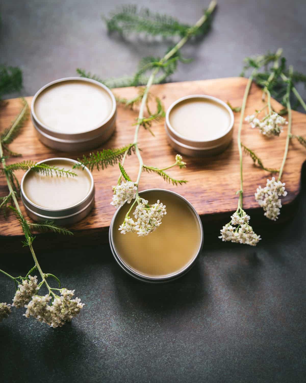 Tins of yarrow salve o a wood cutting board with yarrow flowers surrounding. 