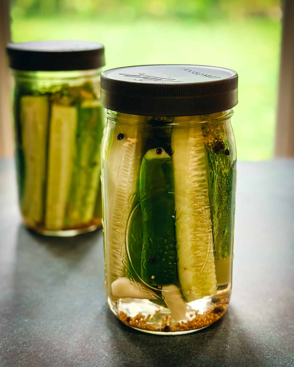 Jars of cucumbers in vinegar with spices with a lid on, all ready to go in the fridge to be pickled. 