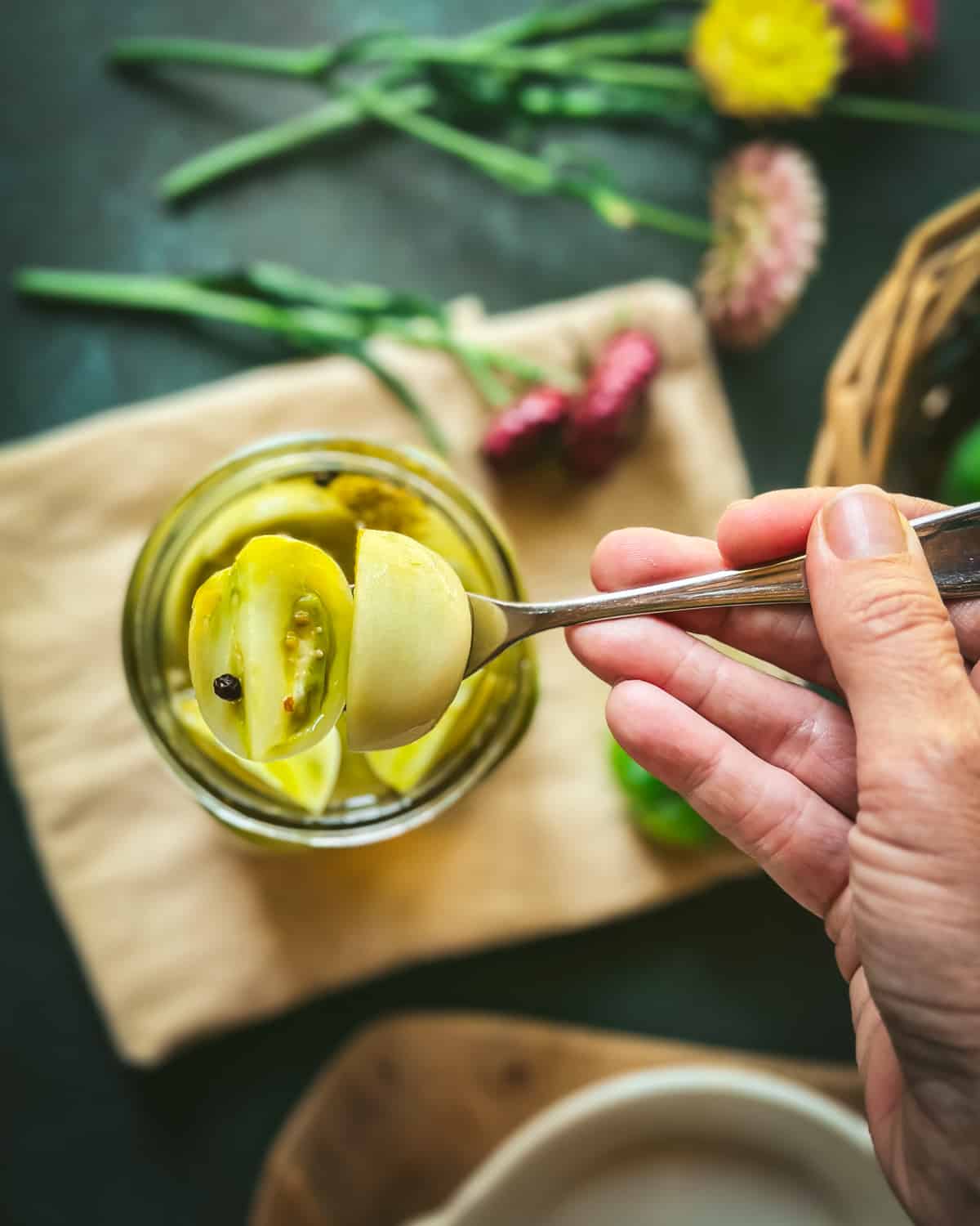 A jar of pickled green tomatoes with a hand holding one up on a fork, top view. 