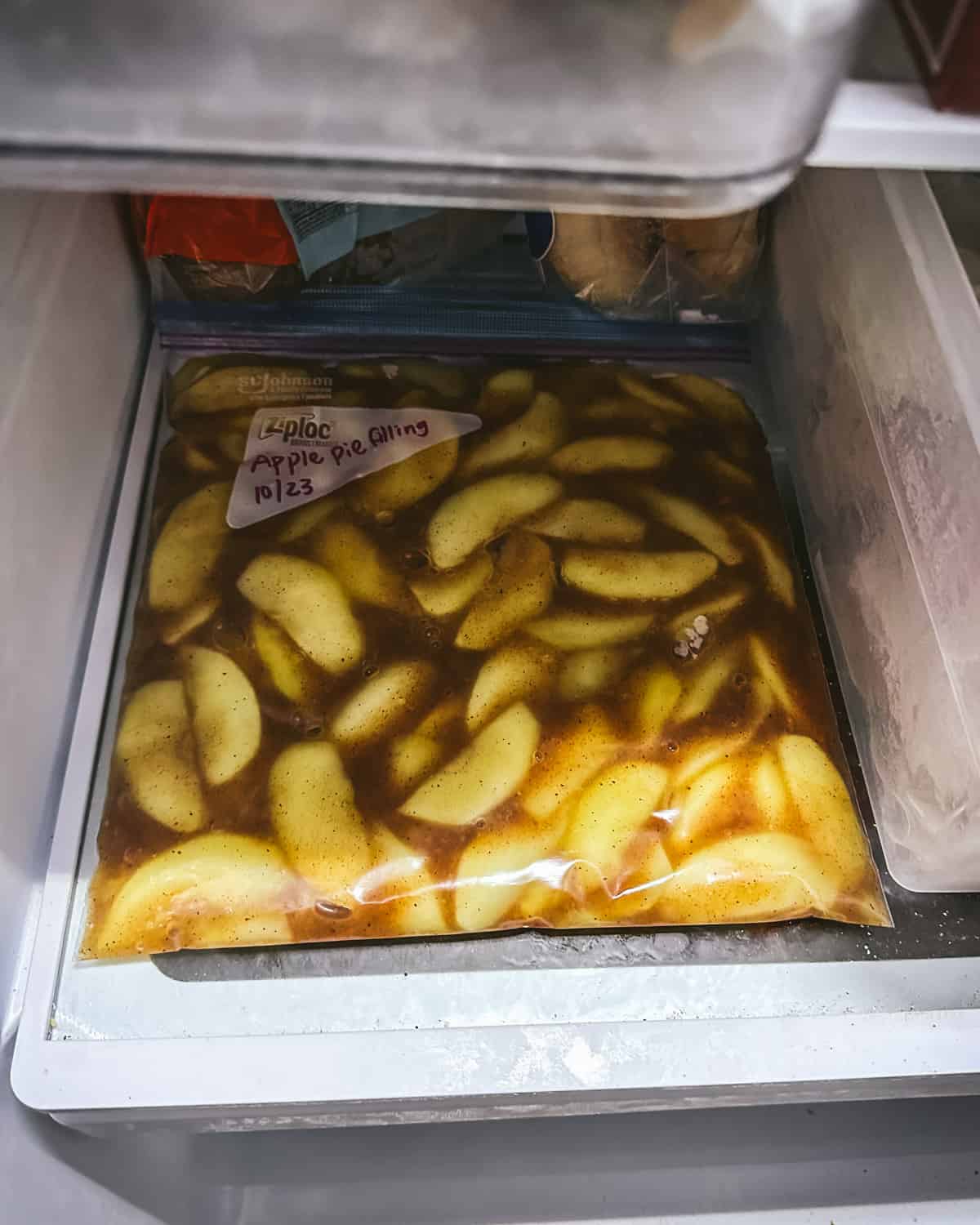 Apple pie filling in the freezer, flattened in the gallon size zip top bag. 