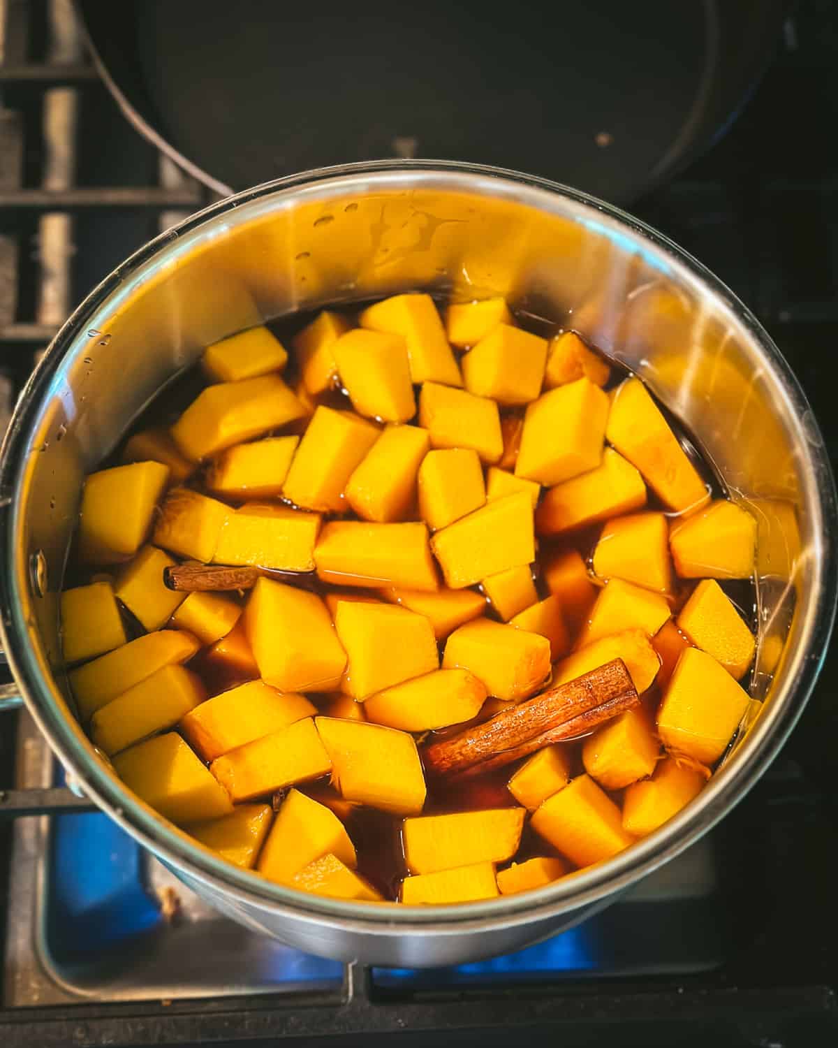 Pumpkin cubes, cinnamon sticks, and other ingredients in a pot on the stove, top view. 