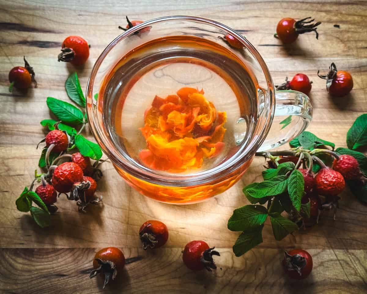 Rose hip tea steeping in a clear glass mug surrounded by fresh rose hips on a wooden cutting board. 