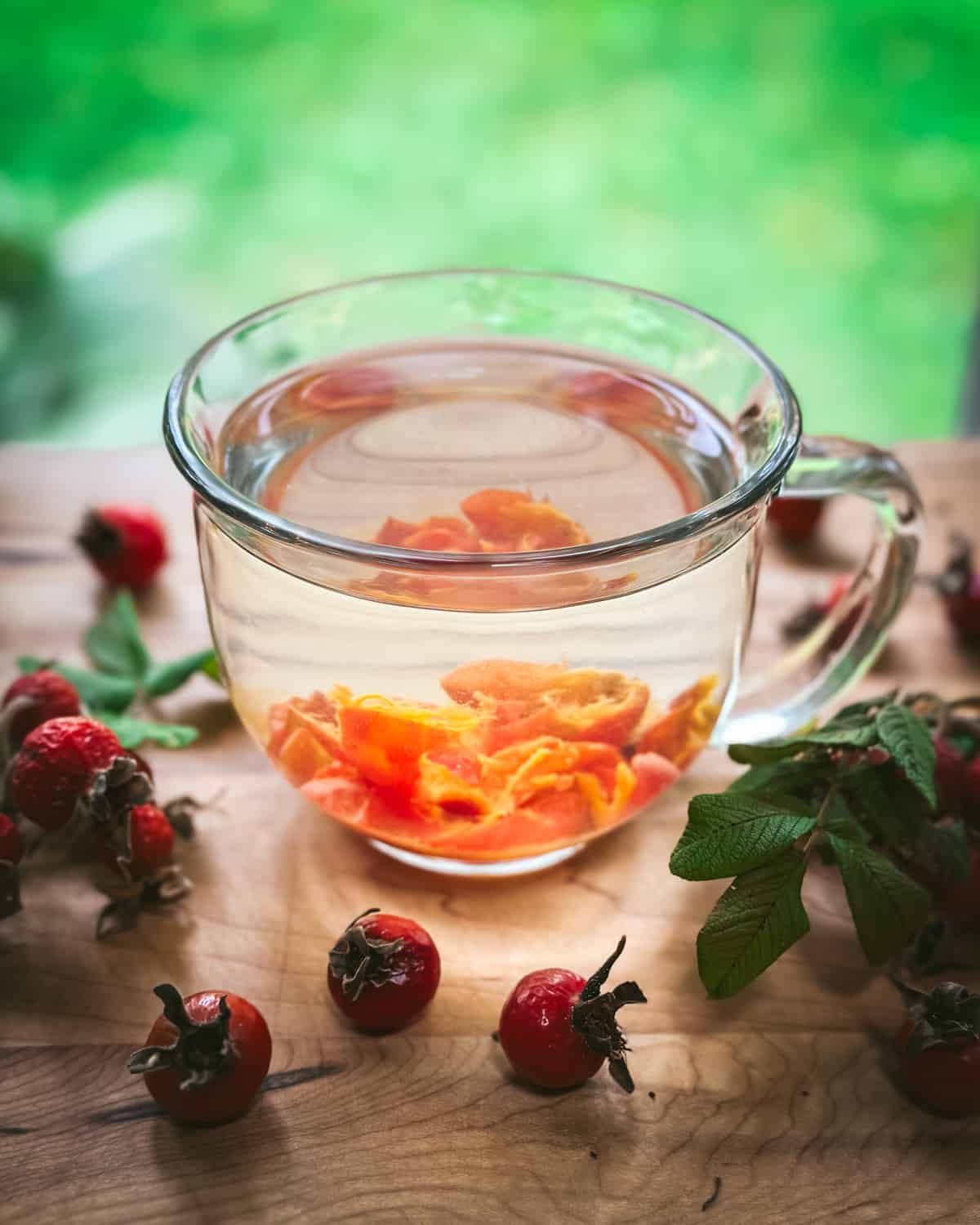 Rose hips straining in hot water for tea in a clear mug, surrounded by fresh rose hips, with a window in the background for natural light. 