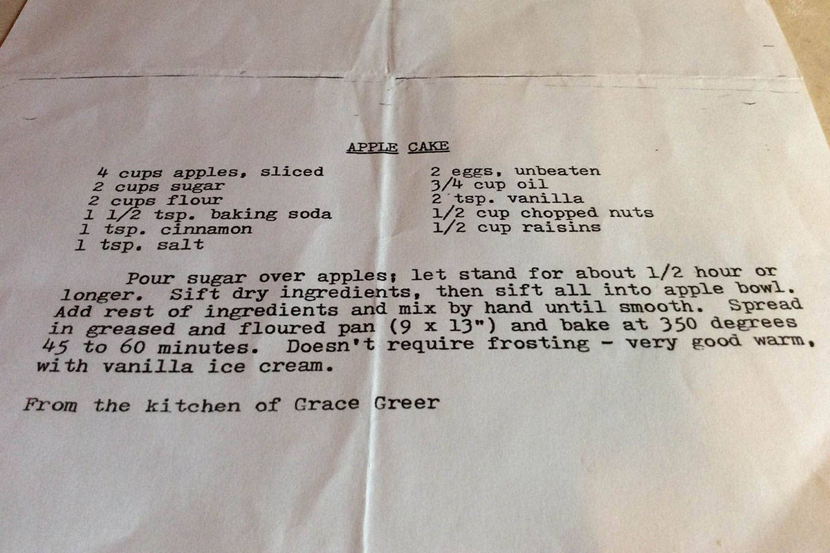 a photo of the original apple cake recipe by colleen's grandma gg