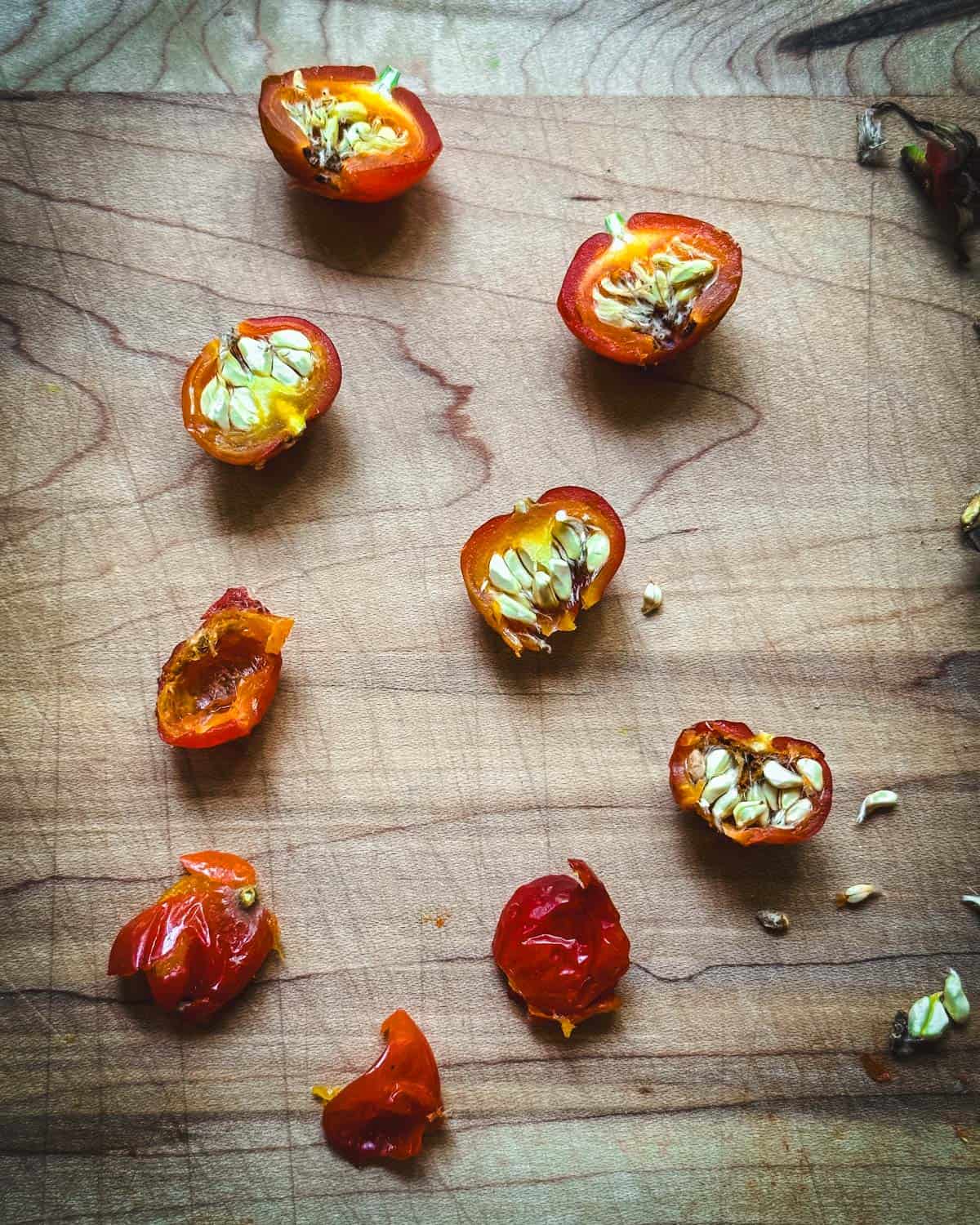 Large rose hips cut in half showing some seeds scooped out and some still filled with seeds, on a wood cutting board. 