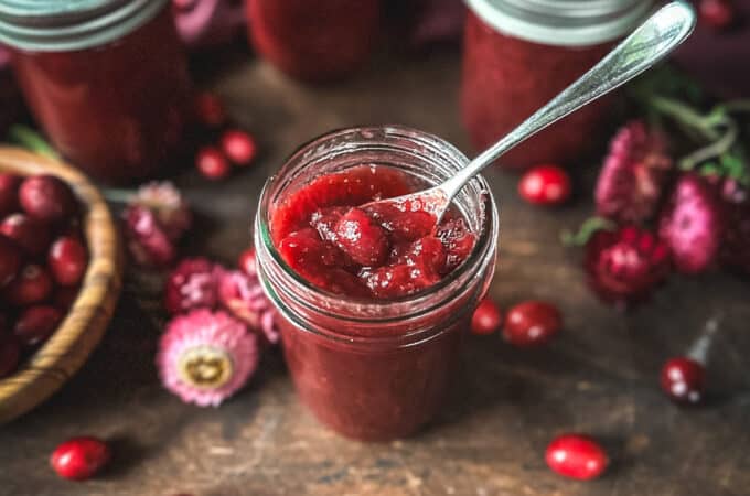 A jar of cranberry sauce opened with a spoon in it, on a dark wood surface surrounded by fresh cranberries, dried flowers, and closed jars of cranberry sauce.