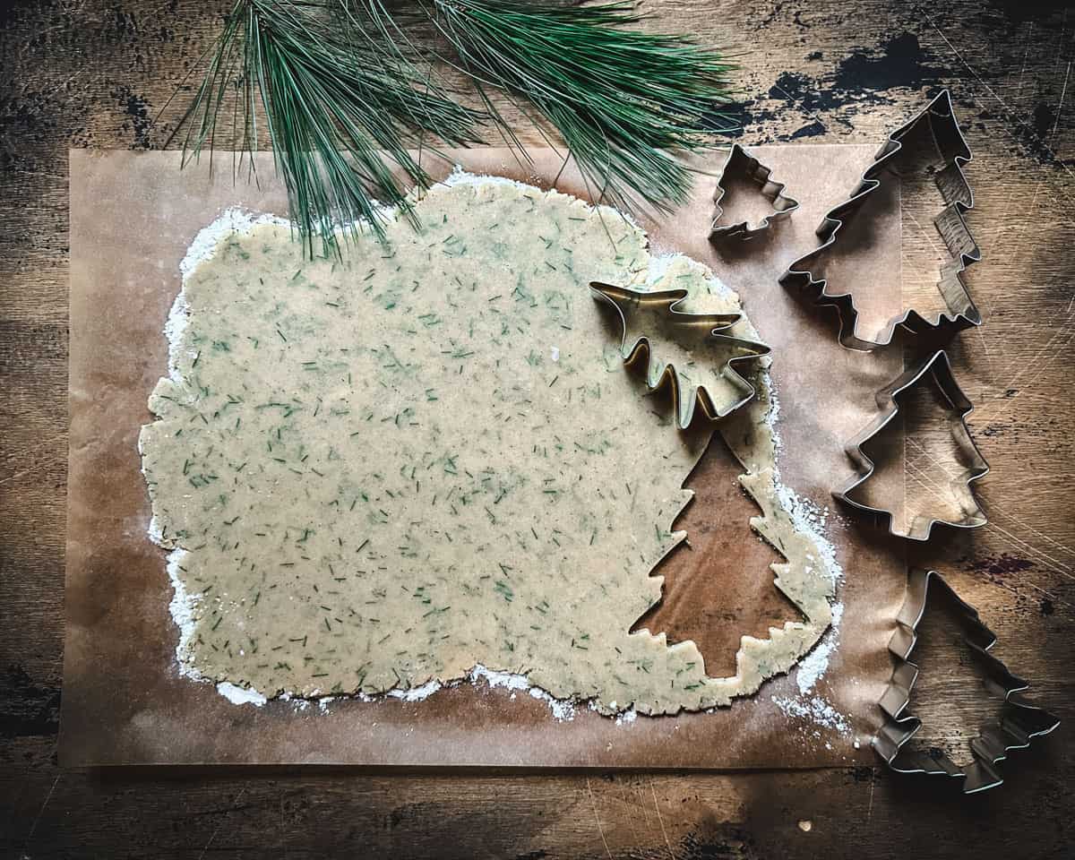 Rolled pine needle cookie dough with tree cookie cutters cutting shapes out, with pine needles surrounding.