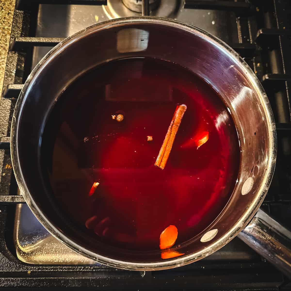 Ingredients for making spiced cranberry syrup in a pot sitting on a stove, top view. 