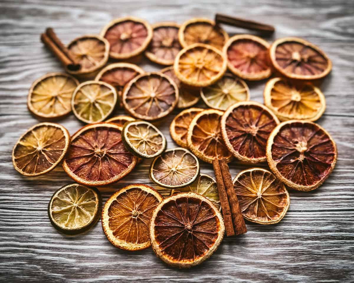 A pile of dried oranges and other citrus, with some cinnamon sticks, on a light gray wood surface. 