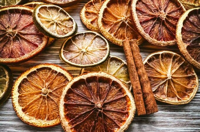 Dried slices of various citrus lying on a gray wood surface, with cinnamon sticks on top.