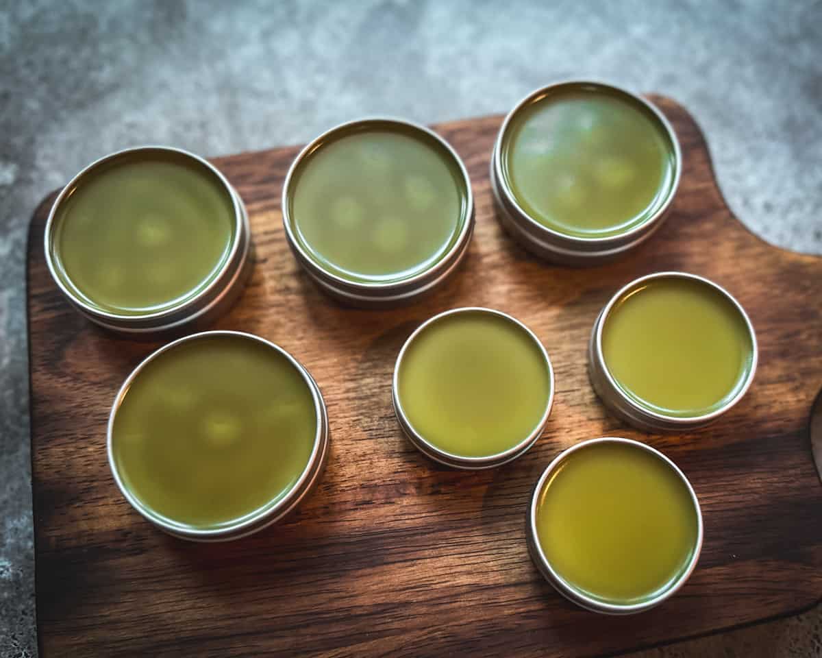 Pine salve in tins, cooling and setting up on a wood cutting board. 