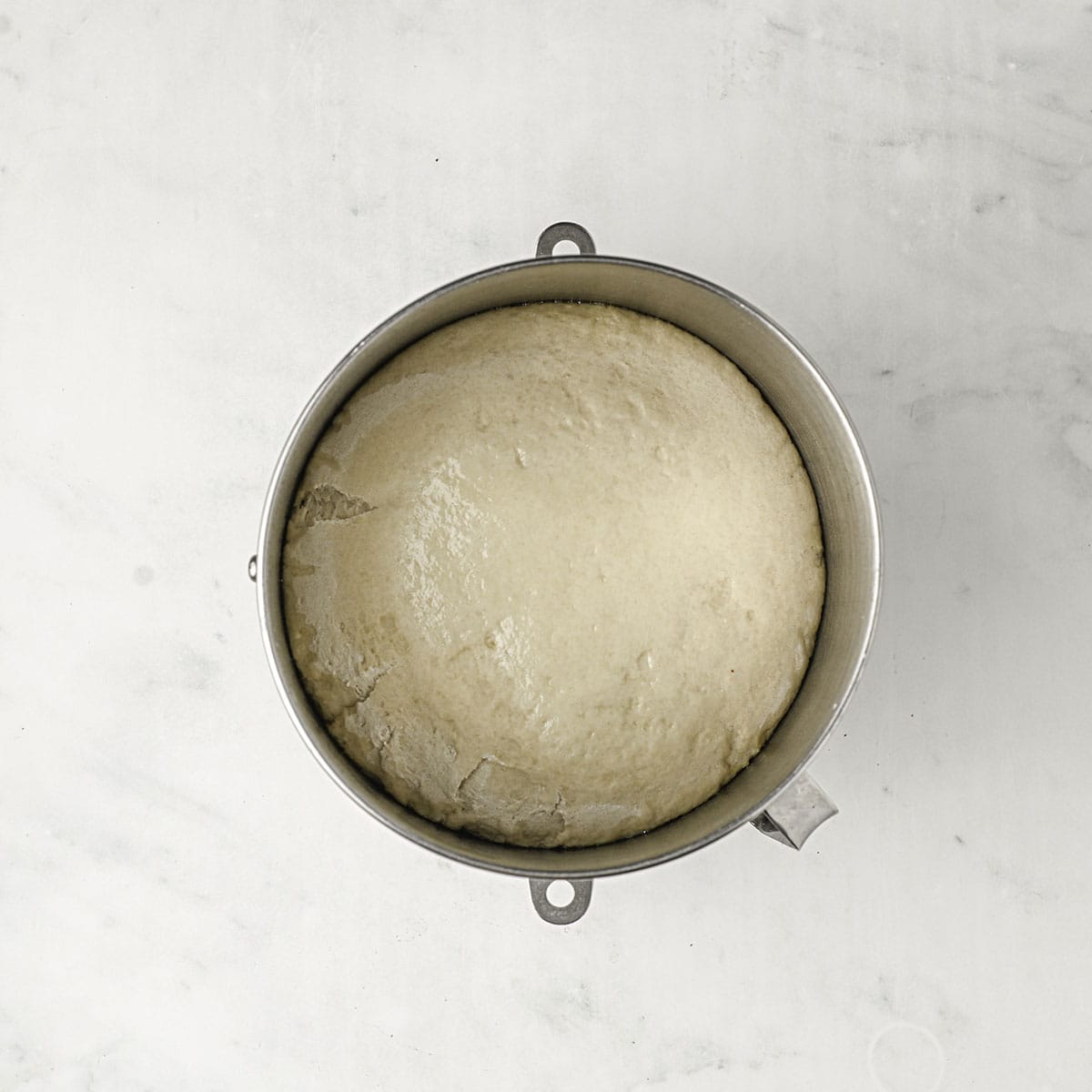 Sourdough in a bowl puffed up after the first rise.