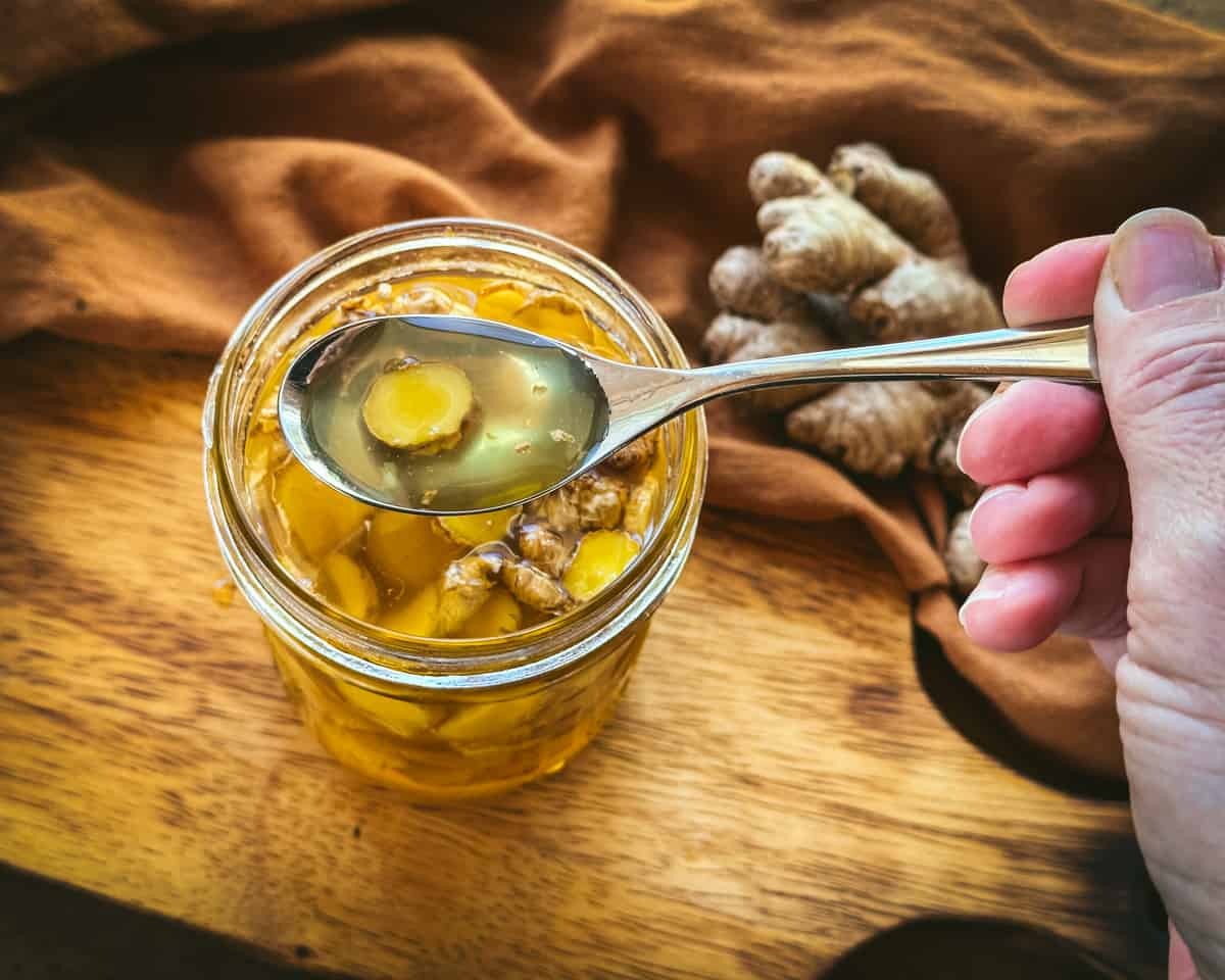 A jar of fermented honey ginger with a spoon lifting some out of the jar, on a wood surface with a cloth and fresh ginger root in the background. 