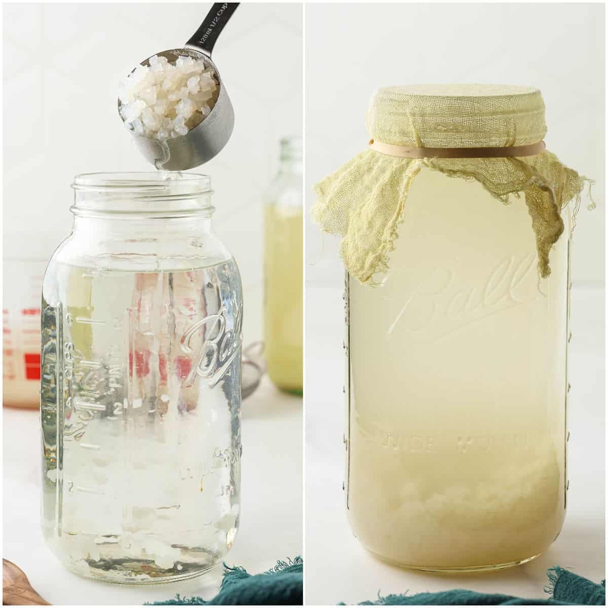 two photos side by side, one of a jar of water with water kefir grains being poured in, and another of a jar of water kefir covered with cheesecloth