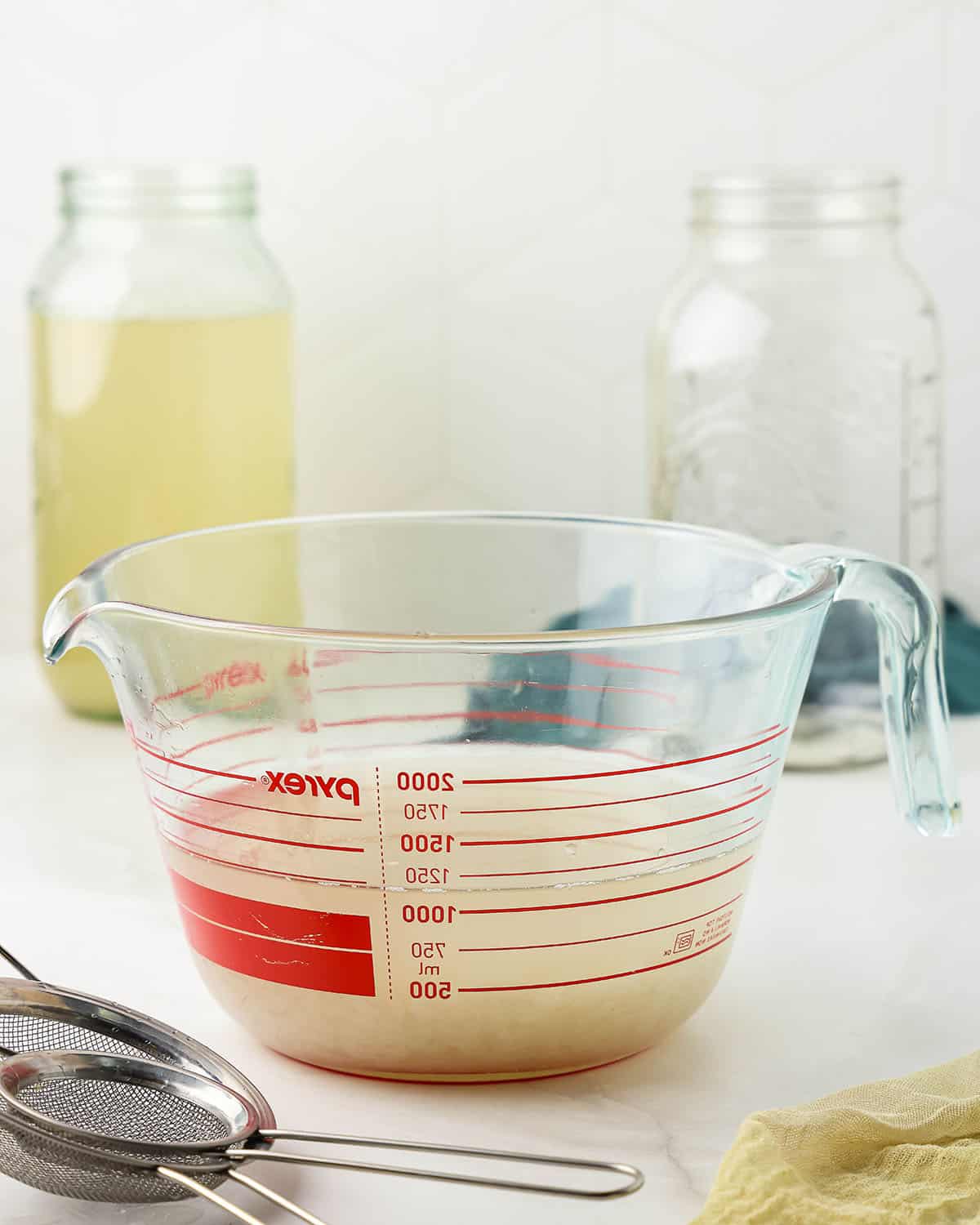 Water kefir grains soaking in a bowl of water. 