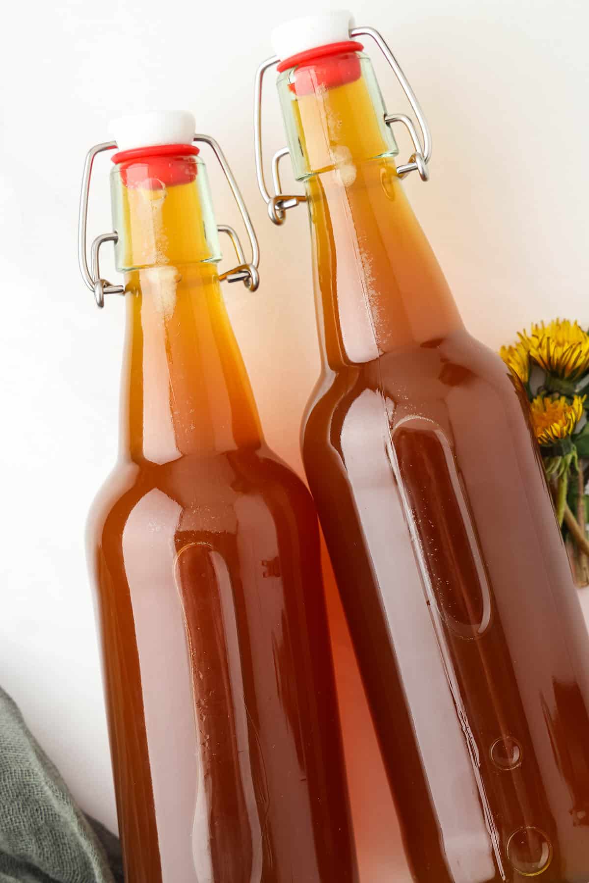 2 bottles of dandelion kombucha. 