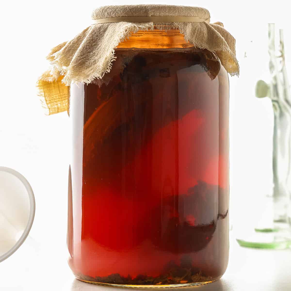 A big jar of kombucha with a cloth secured to the top. 